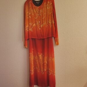 NEW Elegant 2 Piece Orange-Red Hand Made Maxi Dress & Cardigan HMBC